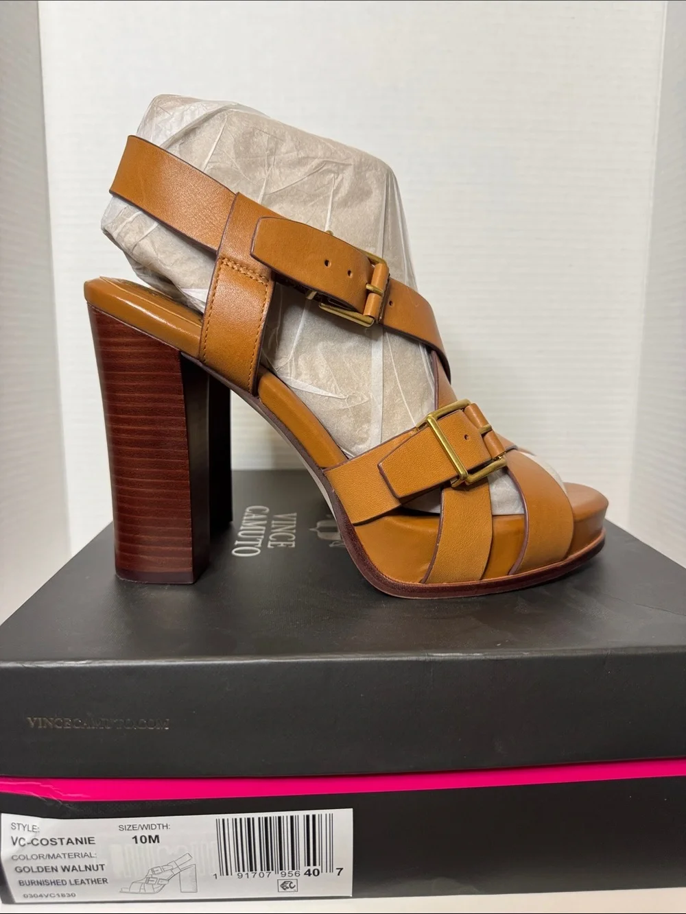 Vince Camuto Walnut Leather Buckle Platform Heels Costanie